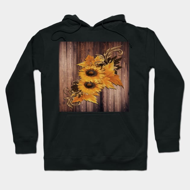 Sunflowers Rustic Floral on Wood Barn Look Background with Pattern Sunflower Hoodie by tamdevo1